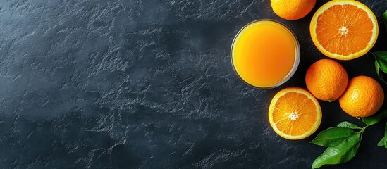 Fototapete - Tasty orange juice and fresh fruits on a black table top view Room for text. with copy space image. Place for adding text or design