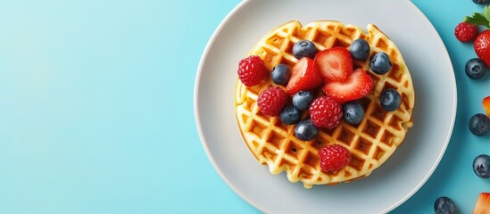 Poster - Tasty dessert waffle topped with fruit. with copy space image. Place for adding text or design