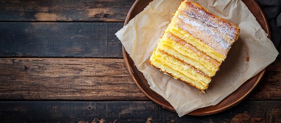Aufkleber - A piece of cake with biscuit cream a sweet dessert featuring layers of vanilla curd ready to cook and eat rests on the table as a healthy meal or snack The top view allows for copy space for text c