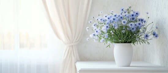 Poster - Fresh beautiful wildflowers specifically cornflowers are arranged in a vase on a white window sill with a white table and white wallpaper in the background The room features white decor and provide