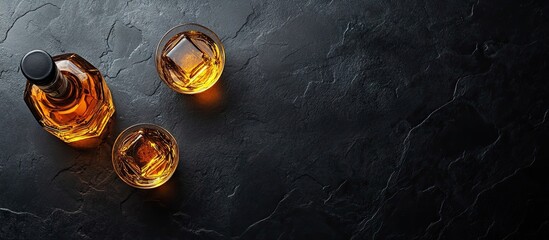 Aufkleber - Scotch whiskey or whisky in a bottle and glass isolated on a black stone or dark background from above. with copy space image. Place for adding text or design