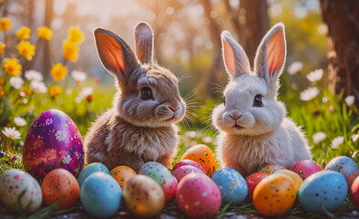 Poster - Two rabbits are sitting on a bed of Easter eggs. One of the rabbits is brown and the other is white