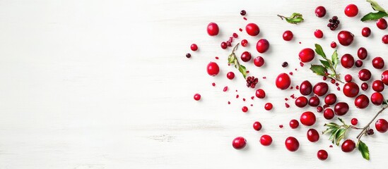 Aufkleber - Fresh ripe cranberries and branches on a white wooden table top view Area for text. with copy space image. Place for adding text or design