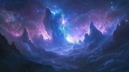 Wall Mural - a celestial landscape of mountains, stars, and nebulae