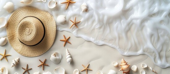 Wall Mural - The idea of a seaside vacation Shells stars a straw hat on white sand Background for summer holidays with text space Top view. with copy space image. Place for adding text or design