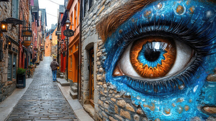 Giant eye mural in urban alley