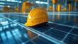 © Erisna Yolanda - Yellow hard hat rests on solar panel array in factory.