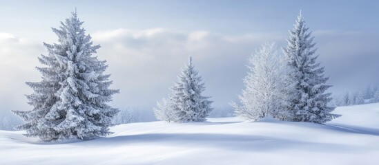 Poster - A photograph of a snowy landscape featuring trees. with copy space image. Place for adding text or design