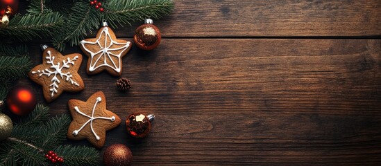 Aufkleber - Greeting card featuring decor homemade gingerbread cookies Christmas and New Year ornaments on a rustic wooden background Overhead view of the Christmas and New Year holiday scene Top view Copy spa