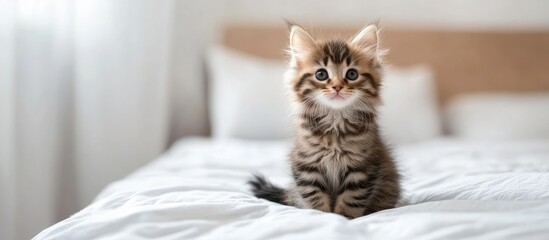 Poster - A lovely adorable Siberian kitten sits on the bed gazing at the camera. with copy space image. Place for adding text or design