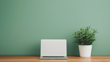 Poster - Laptop with blank screen sitting on wooden desk with plant
