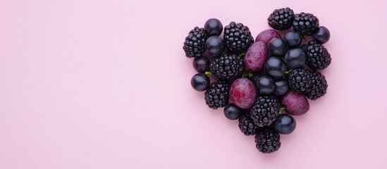 Fototapete - A heart shaped arrangement of blackberries and black grapes on a pink backdrop Simple flat lay design featuring copy space Inspiration for healthy food and fruits