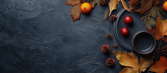 Aufkleber - Minimal autumn arrangement Brunch setting Still life Fall winter theme Fall winter backdrop. with copy space image. Place for adding text or design