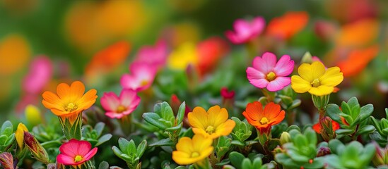 Aufkleber - The image features a variety of colorful flowers specifically Portulaca oleracea commonly referred to as Common Purslane Verdolaga Pigweed Little Hogweed or Pusley Selective focus copy space