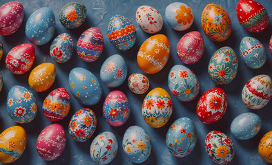 Aufkleber - Bunch of painted eggs with flowers on them. Some are blue, some are red, and some are yellow