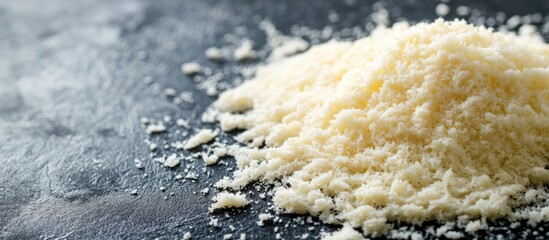 Poster - Closeup of a pile of grated parmesan cheese on a light table Area for text. with copy space image. Place for adding text or design