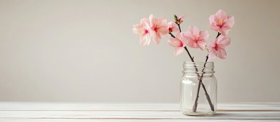 Aufkleber - Pink blooming peach flower branches in a simple vintage glass jar on a white wooden table. with copy space image. Place for adding text or design