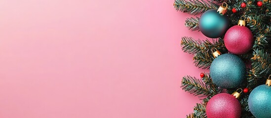 Poster - Christmas tree ornaments on a pink backdrop with space for your text. with copy space image. Place for adding text or design