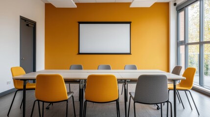 Poster - Modern meeting room with projection screen and table with colorful chairs