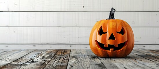 Poster - Halloween pumpkin on a wooden table against a backdrop of white boards Halloween setting Room for text. with copy space image. Place for adding text or design