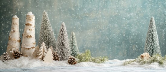 Fototapete - Christmas decoration created from birch bark featuring artificial snow and trees. with copy space image. Place for adding text or design