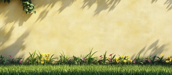 Wall Mural - On a light yellow plastered wall there is a shadow cast by grass and flowers. with copy space image. Place for adding text or design