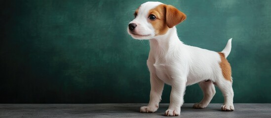 Poster - A lovely white Jack Russell Terrier puppy with brown spots is standing and looking sideways in front of a green wall This relates to dog training and preparation for exhibitions celebrating dogs an