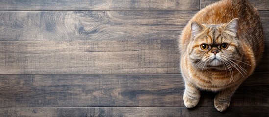 Poster - Top view of a brown and yellow exotic shorthair cat on a wooden floor with copyspace available for text