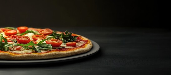 Poster - Pizza topped with tomatoes and arugula. with copy space image. Place for adding text or design
