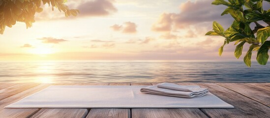 Poster - Napkin and tablecloth on a wooden deck front view mockup Summer landscape backdrop. with copy space image. Place for adding text or design