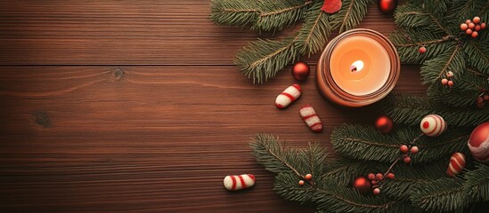 Poster - Top view of fir branches decorated for Christmas with a burning candle and candies on a wooden surface Copy space for your text