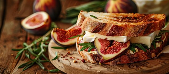 Aufkleber - Delicious sandwich featuring ripe fig and brie cheese on a wooden plate. with copy space image. Place for adding text or design