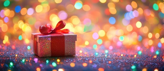Fototapete - Christmas gift box set against a backdrop of multicolored blurred lights Decorations for Christmas and New Year Colorful bokeh Copy space for greeting text