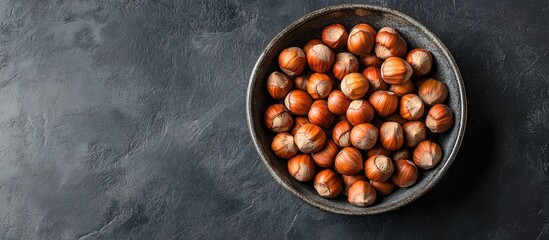 Aufkleber - Hazelnuts placed in a ceramic dish against a dark backdrop Vertical image Top view Copy space