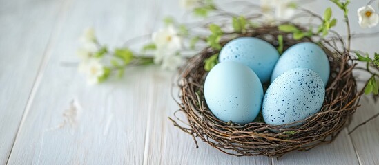 Poster - Blue Easter eggs placed in a vine nest on a white wooden surface Festive background for a postcard or invitation. with copy space image. Place for adding text or design