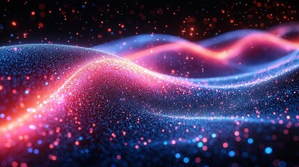 Poster - Vibrant flowing particles form colorful curled lines and swirling patterns, reminiscent of luminous trails. This abstract 3D animation features dynamic movement, ideal for a lively and festive