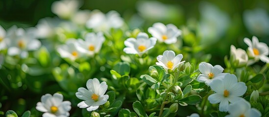 Aufkleber - Detail of white purslane blooms Portulaca grandiflora in the garden. with copy space image. Place for adding text or design