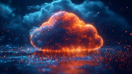 Poster - technology and cloud computing are vividly represented by high-tech flickering dots moving through a