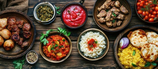 Poster - Vareniks Traditional Ukrainian Cuisine Top view Set against a wooden background Copy space