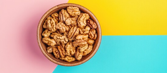 Poster - Walnut kernel halves in a wooden bowl viewed from above on a colorful background Emphasizing healthy eating with walnuts Superfoods with copyspace
