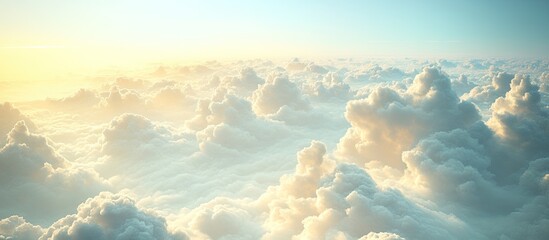 Aufkleber - Clouds in the sky from a top down view by a passenger in an airplane with a beautiful and striking sky scene in the background offering ample copy space for text featuring various shapes of fog and 