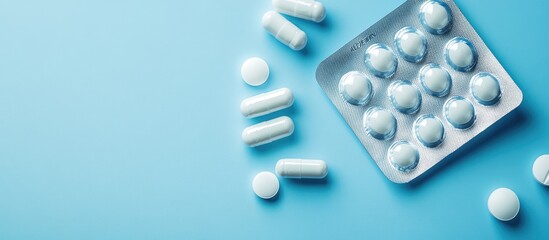 Poster - Used empty blister package and various pills on a blue background. with copy space image. Place for adding text or design