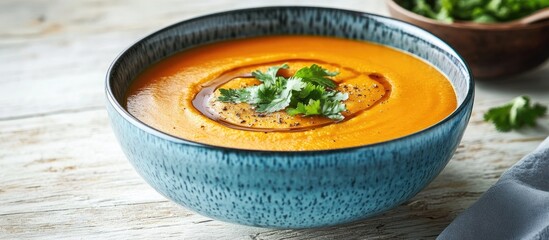 Poster - Vegetarian cream soup made from red kuri squash garnished with coriander served in a blue bowl on a light wooden table copy space selected focus narrow depth of field