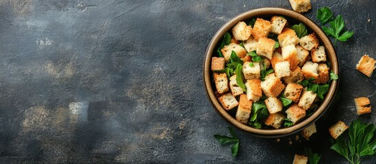 Fototapete - crouton salad dried bread dish snack on the table copy space food backdrop rustic top view
