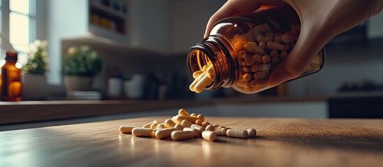 Aufkleber - Selective focus hand pouring medicine capsules from a bottle close up on a wooden table copyspace