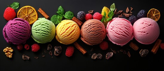 Aufkleber - Multi colored ice cream a unique variety set against a black background featuring berries walnuts chocolate dried citrus with cinnamon and green twigs. with copy space image