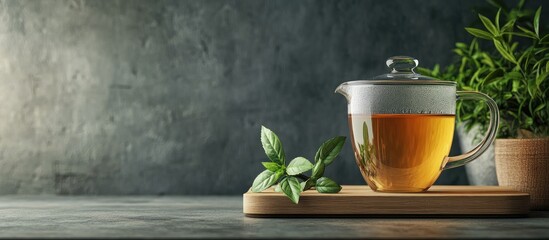 Poster - Aromatic antioxidant green tea on a wooden board set against a plain background. with copy space image. Place for adding text or design