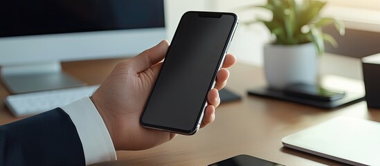 Aufkleber - Mockup image of a cell phone screen A man s hand is holding and texting on a mobile device at a desk There is copy space a white blank area for advertising text This concept relates to business con