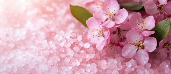 Poster - pink blossoms and bath salts. with copy space image. Place for adding text or design