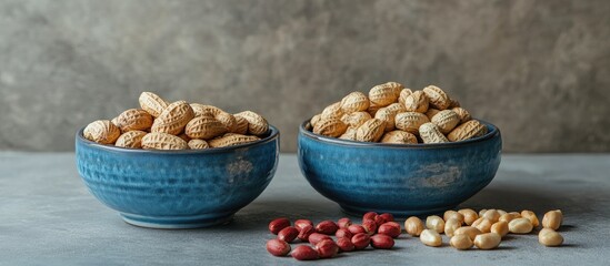 Aufkleber - Two blue ceramic bowls contain nuts One bowl has peanuts in their shells while the other holds peeled nuts Beside the bowls are peeled peanut kernels set against a gray background Closeup